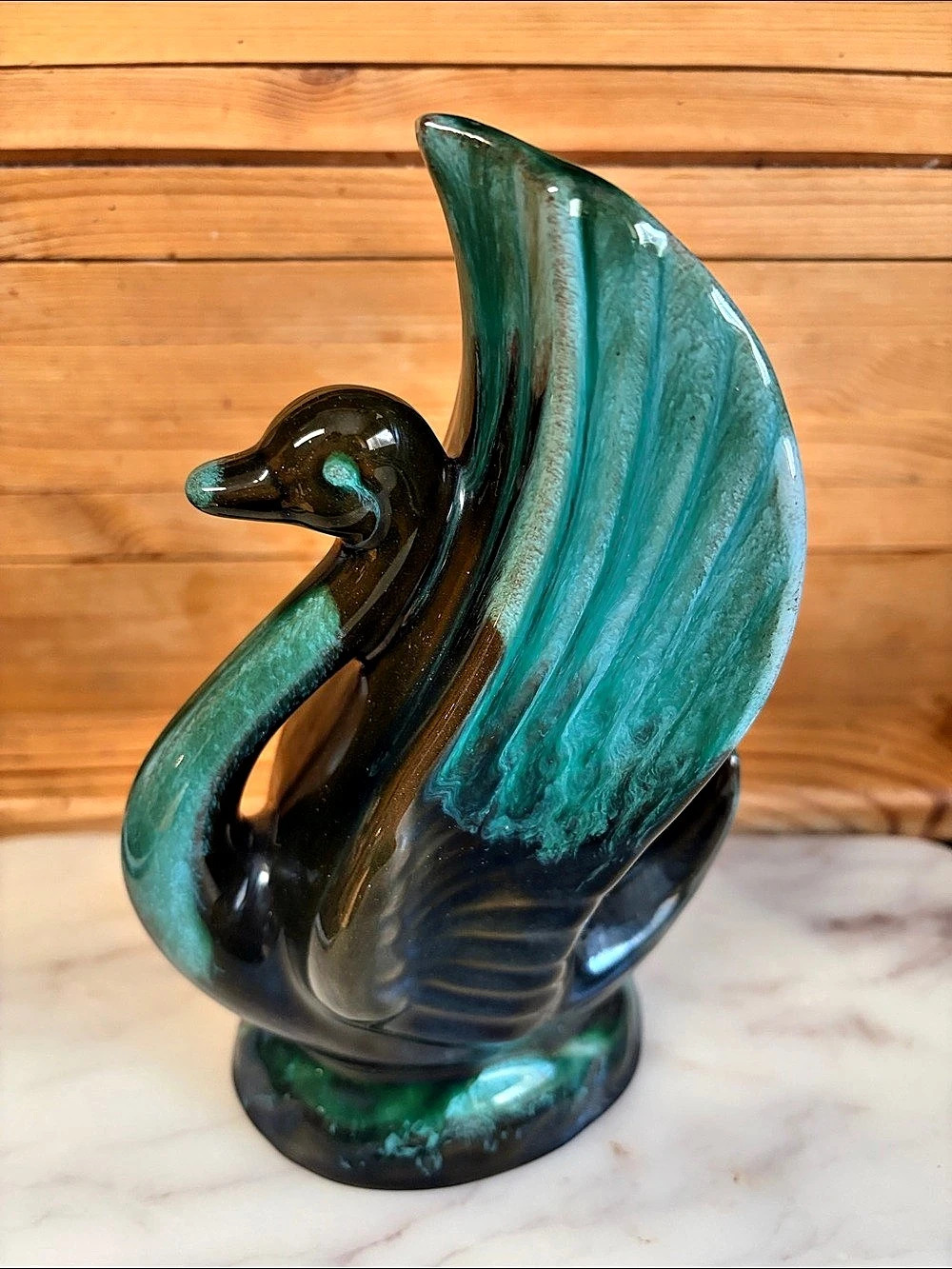 Blue Mountain Pottery Swan Vase Ceramic Sculpture Green & Black